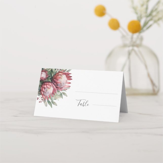 Native Protea Watercolor Floral Boho Botanical Place Card (Front)