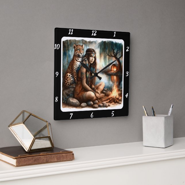 Native Radiance: Tiger's Roar Forest Glow Square Wall Clock (Office)