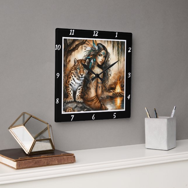 Native Rhythm: Tiger's Pace Willow Dance Square Wall Clock (Office)