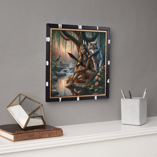 Native Sacred Fire: Stones Spirit Calm Square Wall Clock (Office)