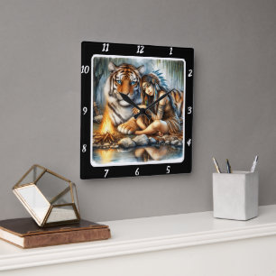 Native Sanctuary: River's Flow Tiger's Gaze Square Wall Clock