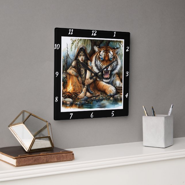 Native Serenity: Tiger's Dream Starlight Pines Square Wall Clock (Office)