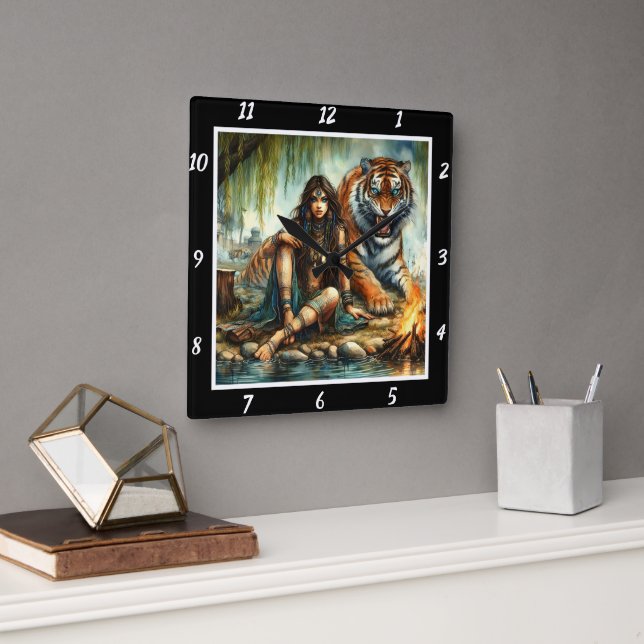 Native Shadows: Tiger's Form Star's Glow Square Wall Clock (Office)