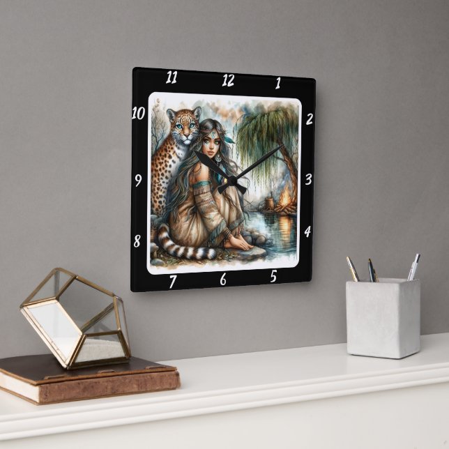 Native Solitude: Willow Trees Tiger's Shadow Square Wall Clock (Office)