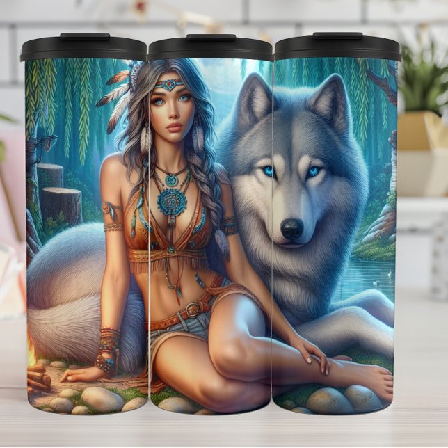 Native Southwest Serenity, Woman and Wolf. Thermal Tumbler (Creator Uploaded)