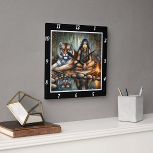 Native Spirit: Tiger's Glance Stream's Flow Square Wall Clock