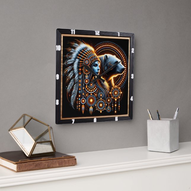 Native Spirit With Bear in Luminous Design Square Wall Clock (Office)