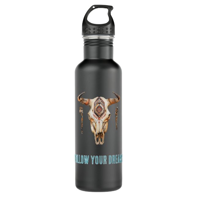Native Tribal Bull Horns Skull   710 Ml Water Bottle (Front)