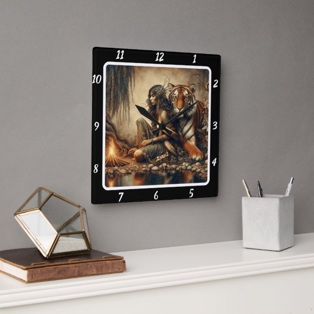 Native Vision: Moonlight Glade Tiger's Gaze Square Wall Clock (Office)