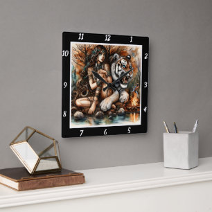 Native Vision: Tiger's Gaze Moonlight Glade Square Wall Clock