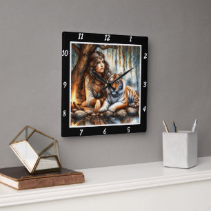 Native Visions: Tiger's Aura River's Whisper Square Wall Clock