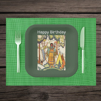 Native Western American Indian Woman Woods Green Paper Plate