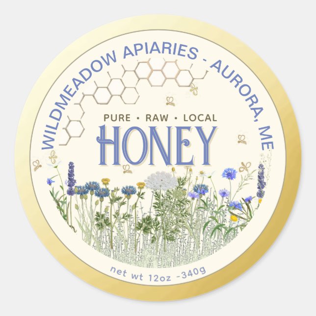 Native Wildflower and Bees Honey Label Gold Border (Front)