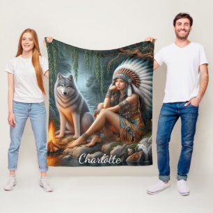 Native woman and wolf by the stream fleece blanket
