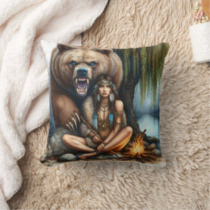 Native Woman by Campfire With Bear Cushion