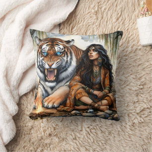 Native Woman by Campfire With Tiger Cushion