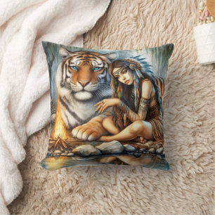 Native Woman by Tiger Near Fire Cushion