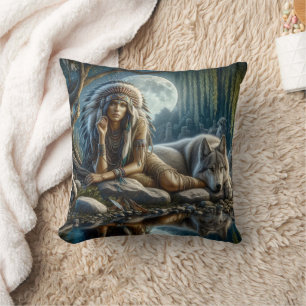 Native Woman Cuddles Wolf by Moonlit Water Cushion