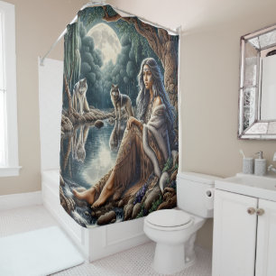Native woman reflecting with two wolves shower curtain