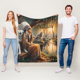 Native woman reflects by dusk lake fleece blanket