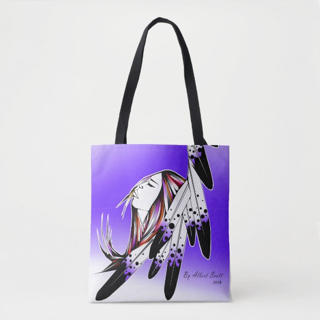 Native woman via eagle feathers /purple tote bag (Front)