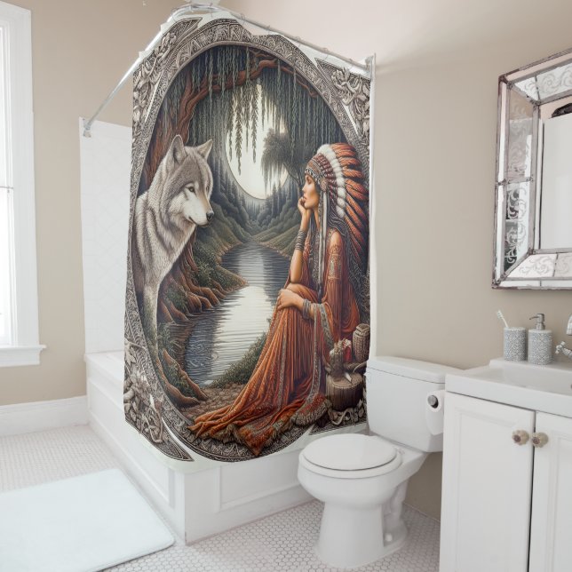 Native woman with a wolf by the river shower curtain (In Situ)