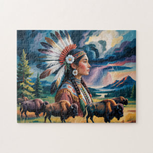 Native Woman With Bison Jigsaw Puzzle