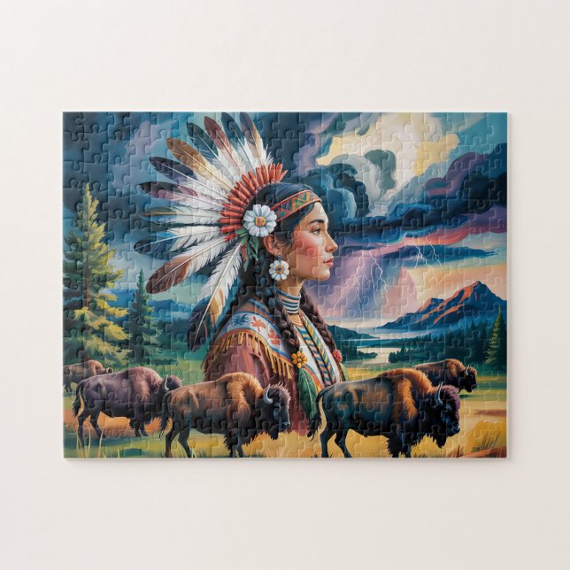 Native Woman With Bison Jigsaw Puzzle (Horizontal)