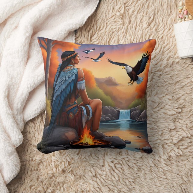 Native Woman With Eagle at Sunset Cushion (Blanket)