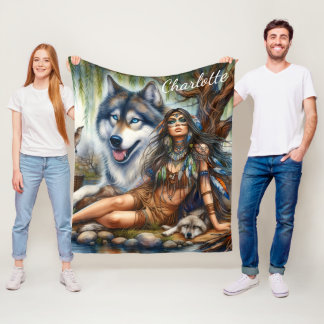 Native woman with her wolf companions fleece blanket