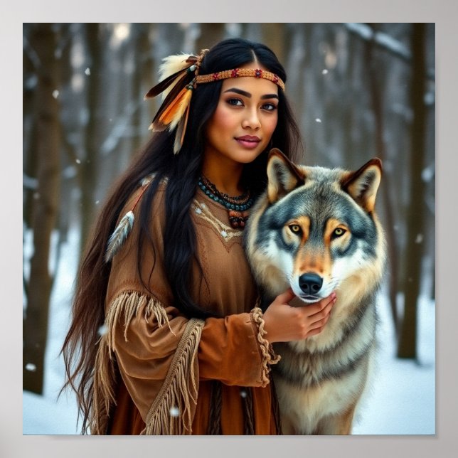 Native Woman with her Wolf Poster (Front)