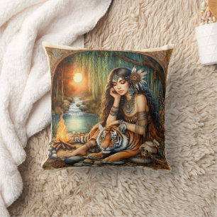 Native Woman With Tiger at Sunset Cushion