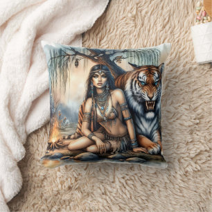Native Woman With Tiger at Twilight Cushion