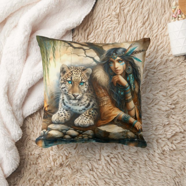 Native Woman With Tiger by Water Cushion (Blanket)