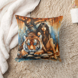 Native Woman With Tiger by Water Cushion