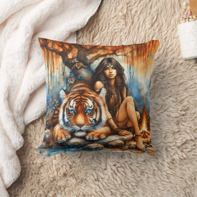 Native Woman With Tiger by Water Cushion (Blanket)