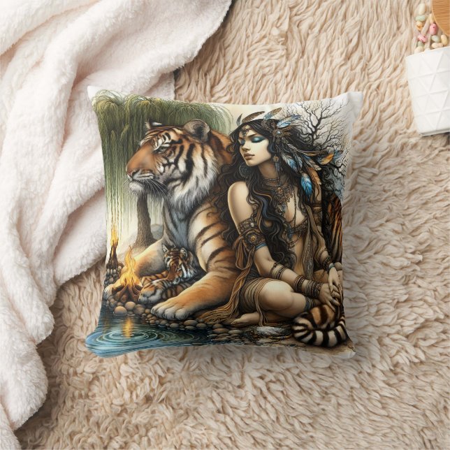 Native Woman With Tiger by Water Cushion (Blanket)