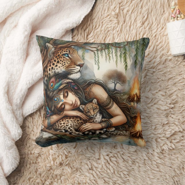 'Native Woman With Tiger Cubs by River' Cushion (Blanket)