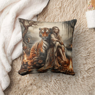 Native Woman With Tiger in Nature Cushion