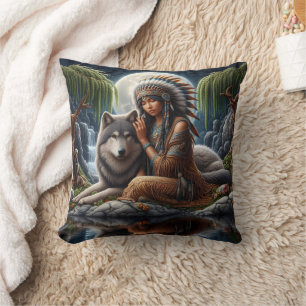Native Woman With Wolf by Moonlit Lake Cushion