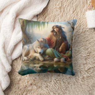 Native Woman With Wolf by Water Cushion