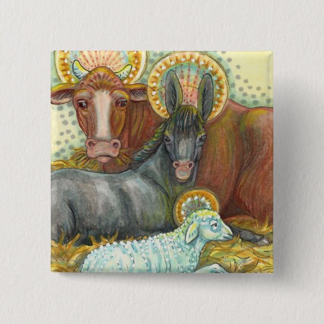 NATIVITY ANIMALS IN STABLE, OX, DONKEY & SHEEP 15 CM SQUARE BADGE (Front)