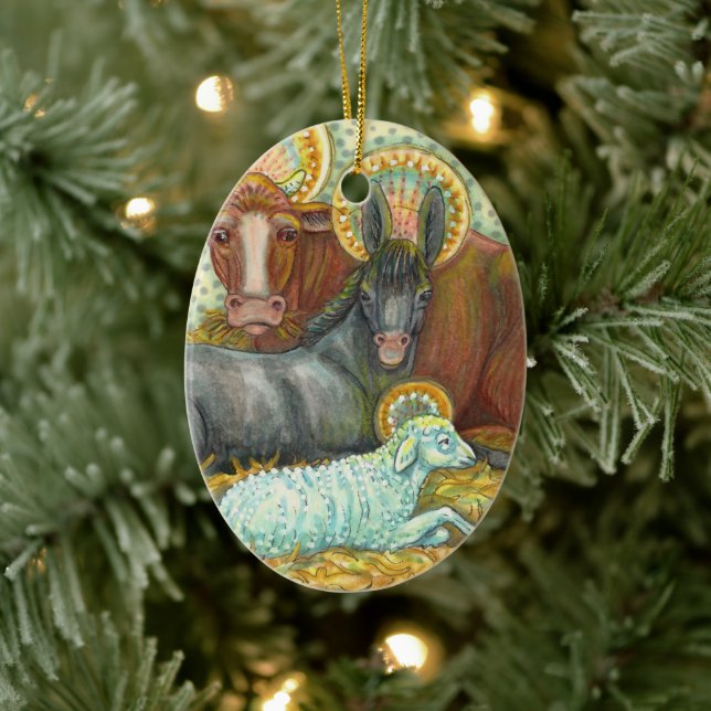 NATIVITY ANIMALS IN STABLE, OX, DONKEY & SHEEP CERAMIC TREE DECORATION (Tree)