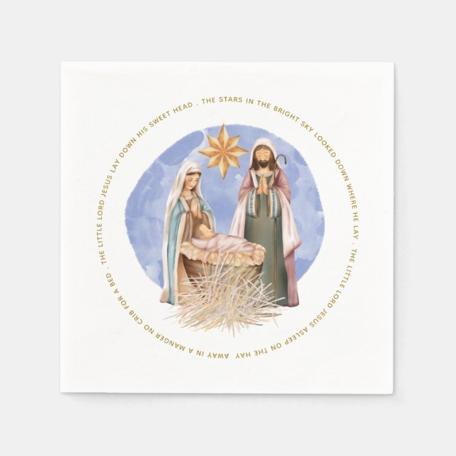 Nativity Away In A Manger Carol Lyrics Gold Text Napkin (Front)