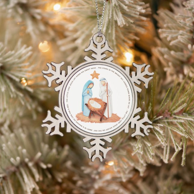 Nativity Away In A Manger Carol Lyrics Snowflake Pewter Christmas Ornament (Tree)