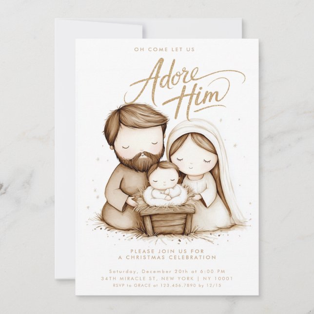 Nativity Baby Jesus Adore Him Christmas Invitation (Front)