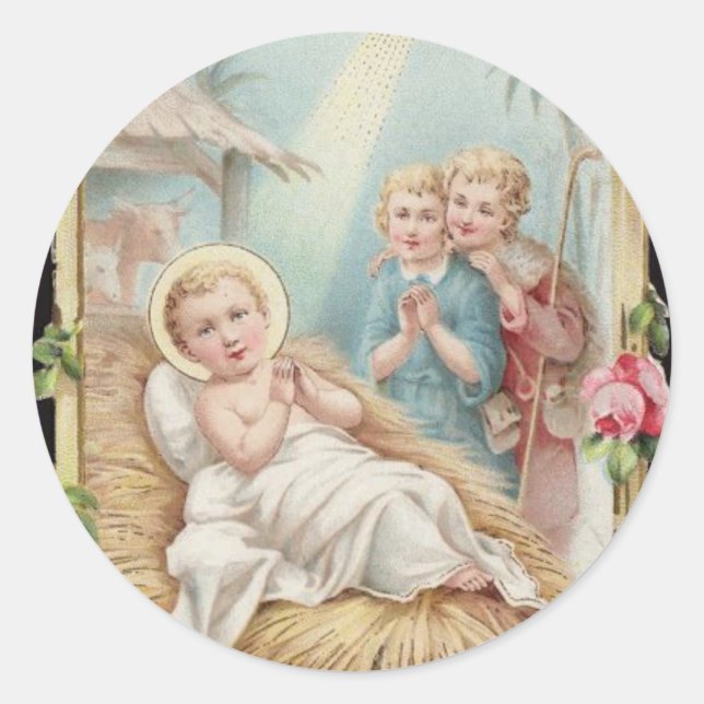 Nativity Baby Jesus Roses Children Classic Round Sticker (Front)