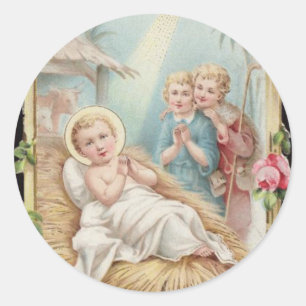 Nativity Baby Jesus Roses Children Classic Round Sticker