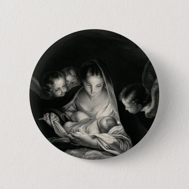 Nativity Baby Jesus Virgin Mary Angels Black White 6 Cm Round Badge (Front)