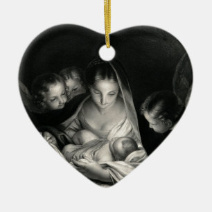 Nativity Baby Jesus Virgin Mary Angels Black White Ceramic Tree Decoration